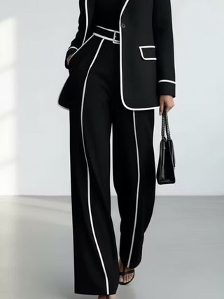 Montserrat | Conjunto de Americana y Pantalón Ancho Negro con Ribetes Blancos
