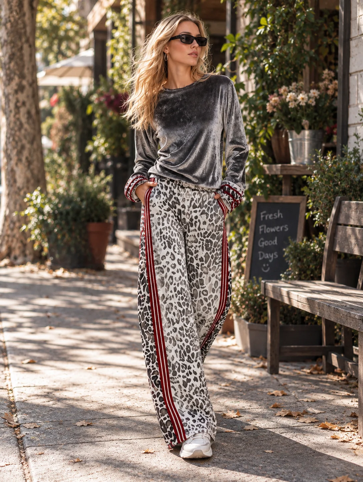 Mercedes | Conjunto de Top de Terciopelo Plateado y Pantalón de Leopardo