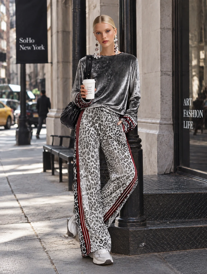 Mercedes | Conjunto de Top de Terciopelo Plateado y Pantalón de Leopardo