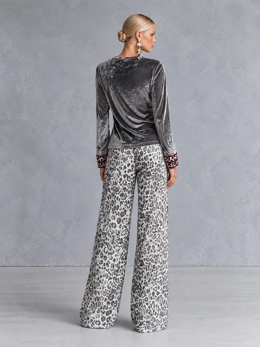 Mercedes | Conjunto de Top de Terciopelo Plateado y Pantalón de Leopardo