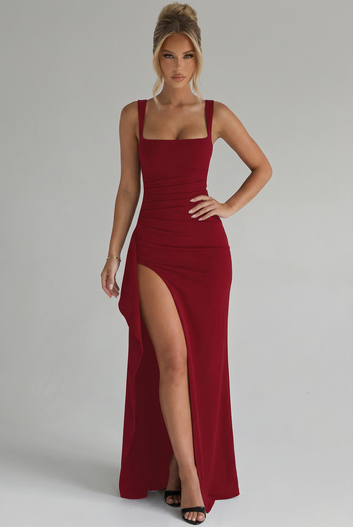 Elena | Vestido Largo con Escote Cuadrado y Abertura