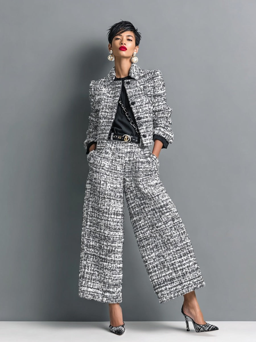 Raquel | Conjunto de Chaqueta Corta Efecto Tweed y Pantalón Ancho