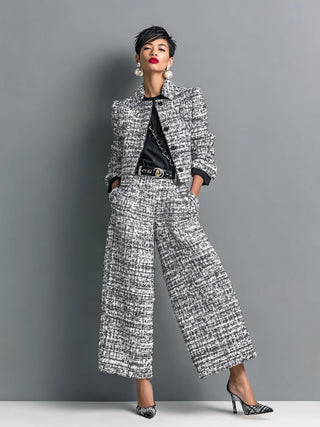 Raquel | Conjunto de Chaqueta Corta Efecto Tweed y Pantalón Ancho