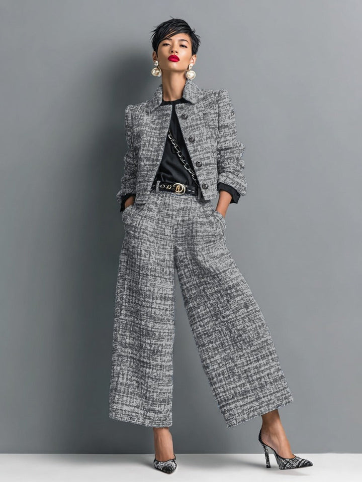 Raquel | Conjunto de Chaqueta Corta Efecto Tweed y Pantalón Ancho
