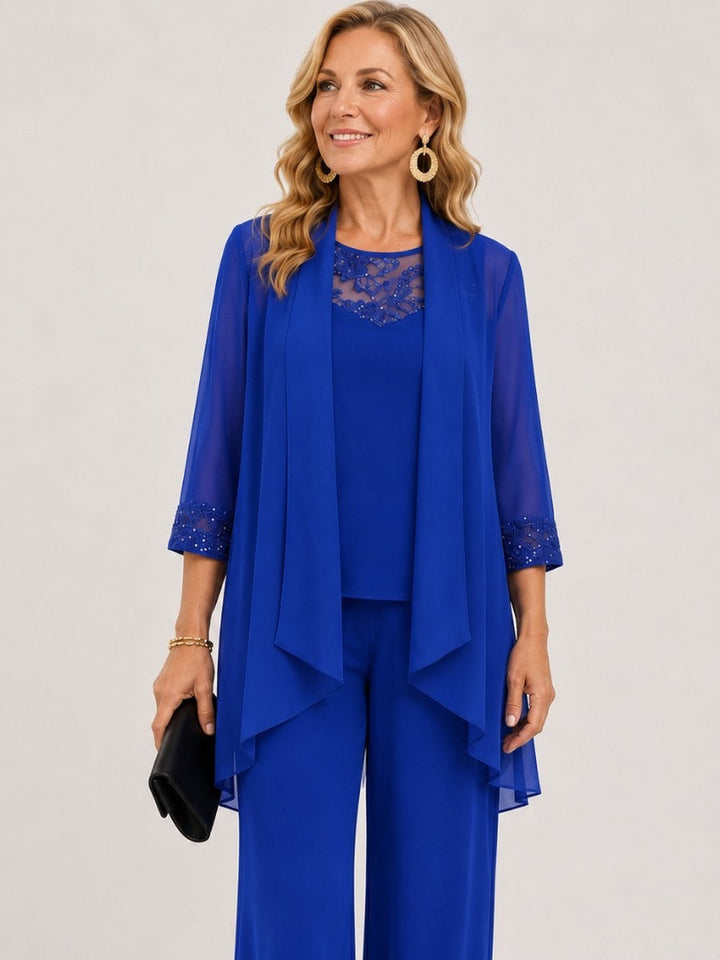 Lourdes | Conjunto de Tres Piezas con Chaqueta de Gasa y Pantalón Ancho