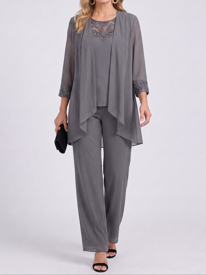 Lourdes | Conjunto de Tres Piezas con Chaqueta de Gasa y Pantalón Ancho