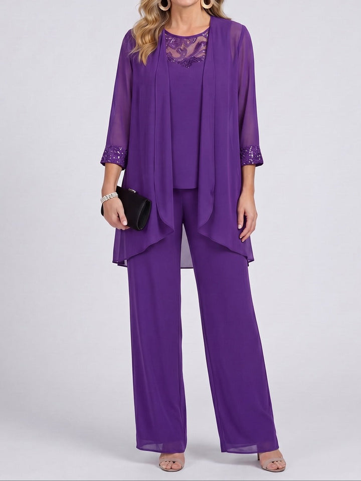 Lourdes | Conjunto de Tres Piezas con Chaqueta de Gasa y Pantalón Ancho