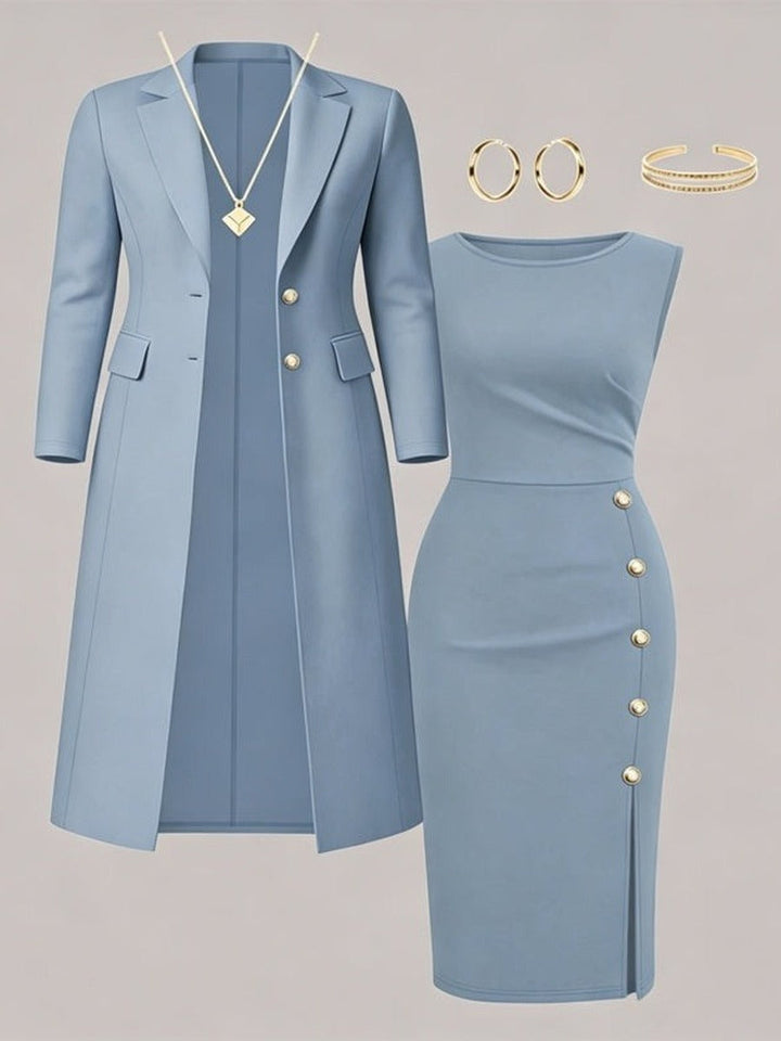 Maite | Conjunto de Americana Larga y Vestido sin Mangas con Botones Dorados