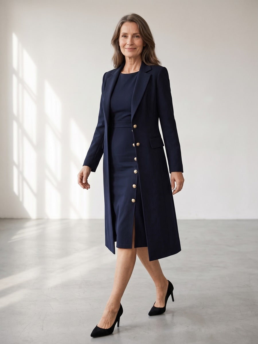 Maite | Conjunto de Americana Larga y Vestido sin Mangas con Botones Dorados