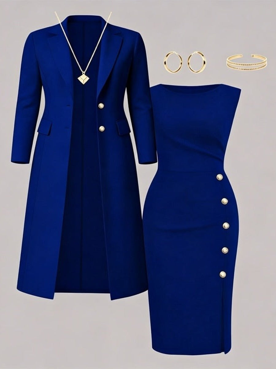 Maite | Conjunto de Americana Larga y Vestido sin Mangas con Botones Dorados