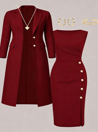 Maite | Conjunto de Americana Larga y Vestido sin Mangas con Botones Dorados