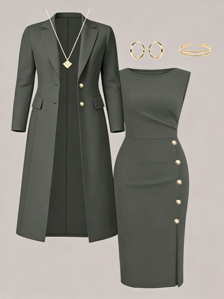 Maite | Conjunto de Americana Larga y Vestido sin Mangas con Botones Dorados