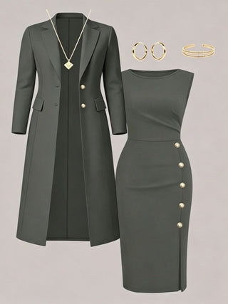 Maite | Conjunto de Americana Larga y Vestido sin Mangas con Botones Dorados