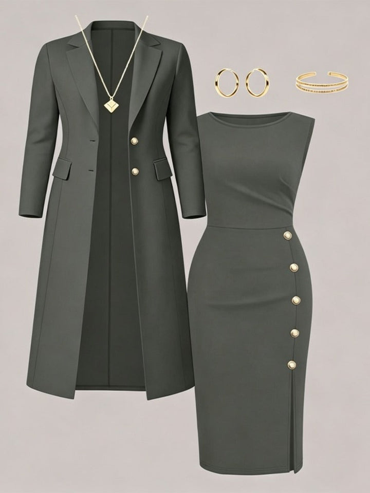 Maite | Conjunto de Americana Larga y Vestido sin Mangas con Botones Dorados