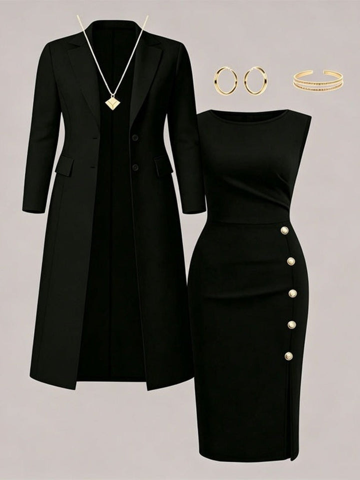 Maite | Conjunto de Americana Larga y Vestido sin Mangas con Botones Dorados