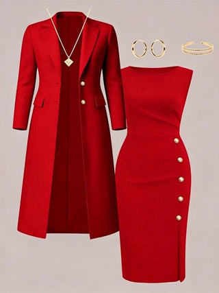 Maite | Conjunto de Americana Larga y Vestido sin Mangas con Botones Dorados