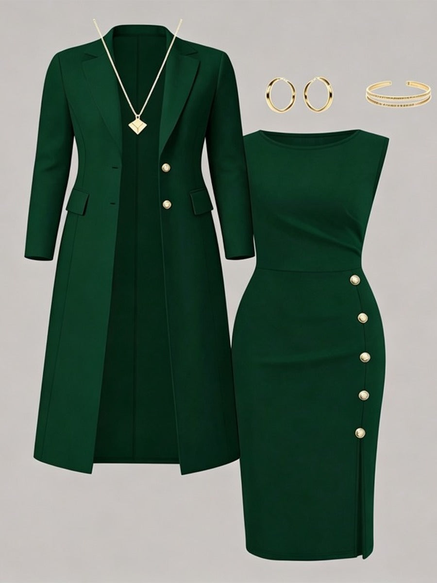 Maite | Conjunto de Americana Larga y Vestido sin Mangas con Botones Dorados