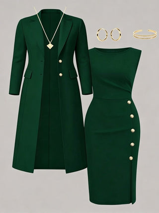 Maite | Conjunto de Americana Larga y Vestido sin Mangas con Botones Dorados