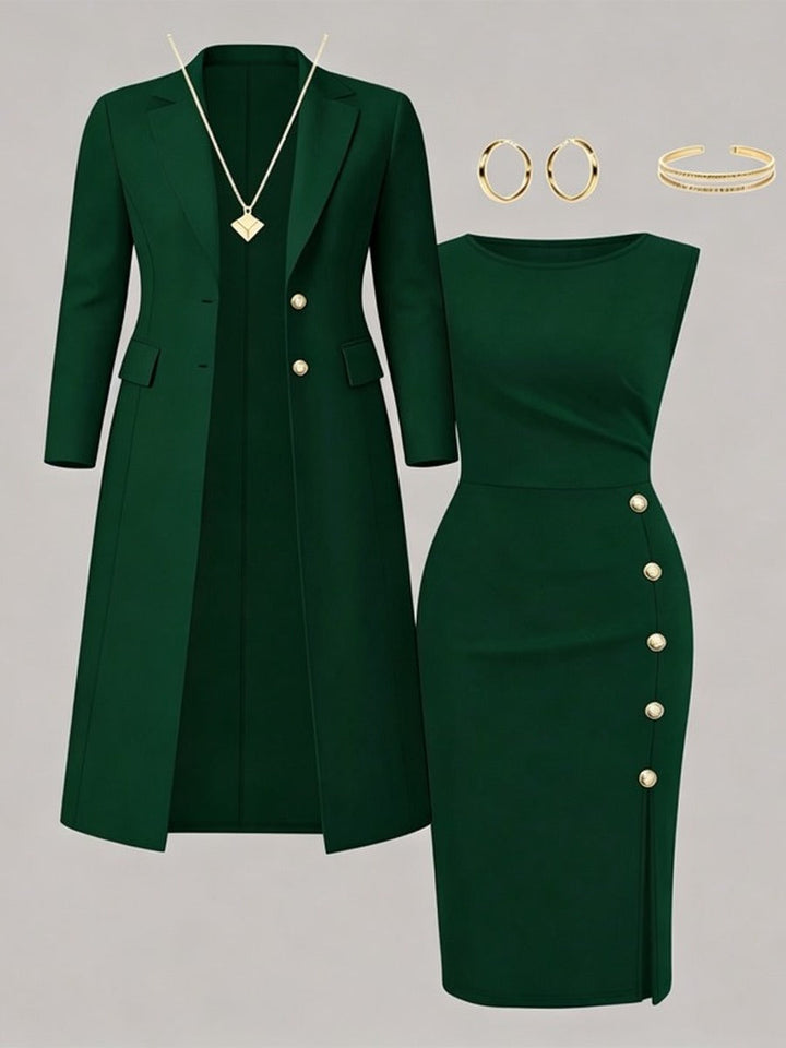 Maite | Conjunto de Americana Larga y Vestido sin Mangas con Botones Dorados