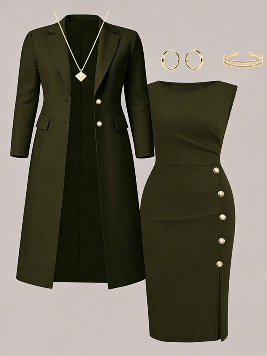 Maite | Conjunto de Americana Larga y Vestido sin Mangas con Botones Dorados