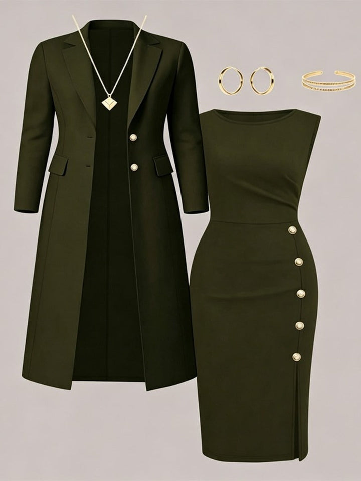 Maite | Conjunto de Americana Larga y Vestido sin Mangas con Botones Dorados