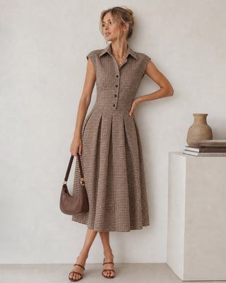Beatriz | Vestido Midi Plisado de Cuadros con Botones