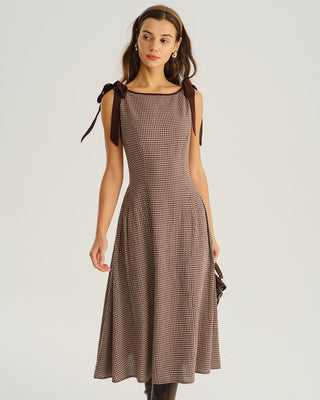 Cristina | Vestido Midi Evasé de Cuadros con Escote Barco
