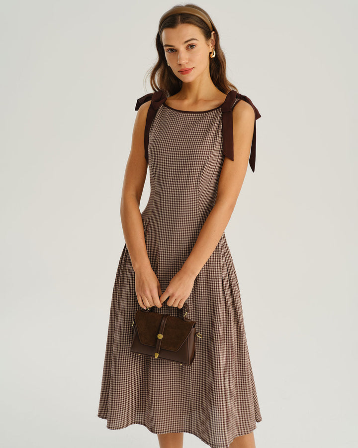 Cristina | Vestido Midi Evasé de Cuadros con Escote Barco