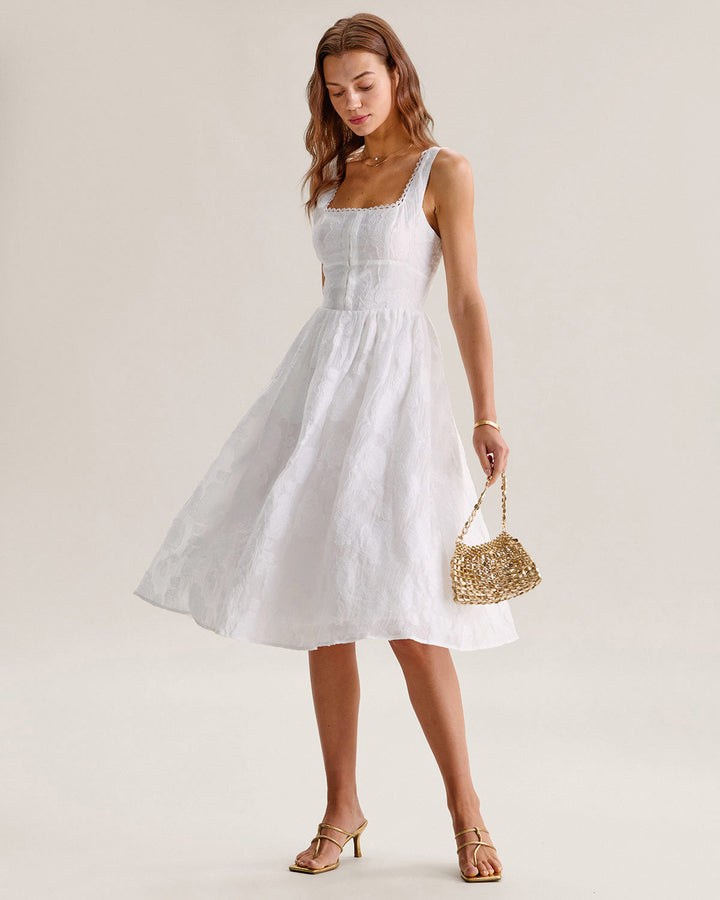 Nuria | Vestido Midi de Jacquard con Espalda Fruncida
