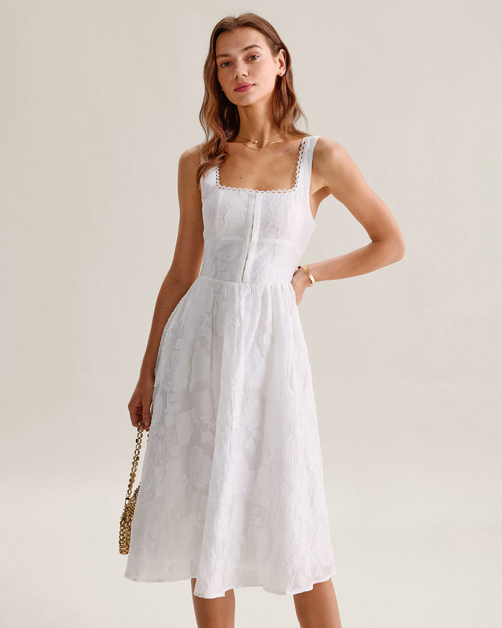 Nuria | Vestido Midi de Jacquard con Espalda Fruncida