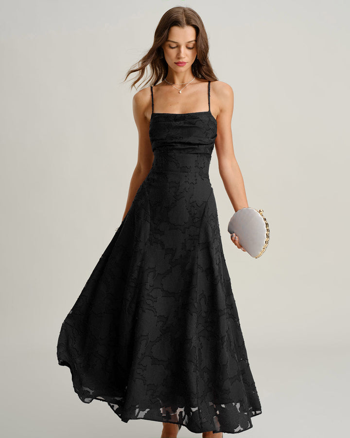 Macarena | Vestido Largo de Jacquard con Espalda Cruzada – Negro