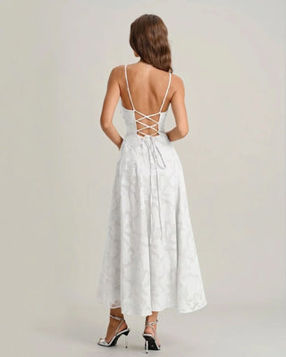 Macarena | Vestido Largo de Jacquard con Espalda Cruzada – Blanco