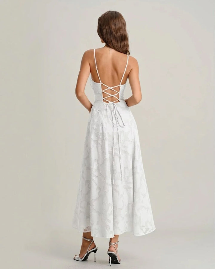 Macarena | Vestido Largo de Jacquard con Espalda Cruzada – Blanco