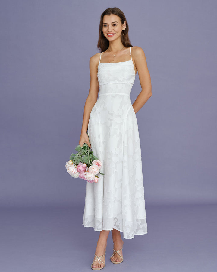 Macarena | Vestido Largo de Jacquard con Espalda Cruzada – Blanco