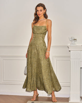 Macarena | Vestido Largo de Jacquard con Espalda Cruzada – Verde Salvia