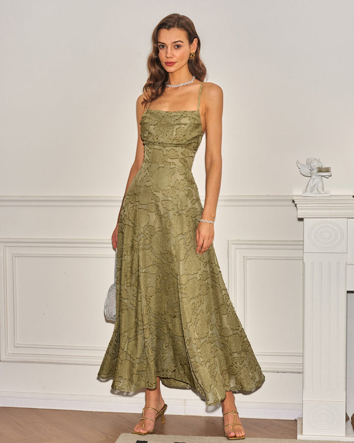 Macarena | Vestido Largo de Jacquard con Espalda Cruzada – Verde Salvia