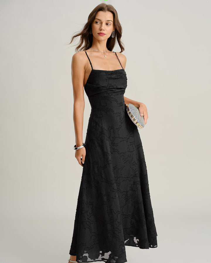 Macarena | Vestido Largo de Jacquard con Espalda Cruzada – Negro