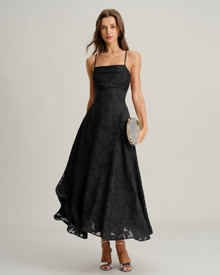 Macarena | Vestido Largo de Jacquard con Espalda Cruzada – Negro
