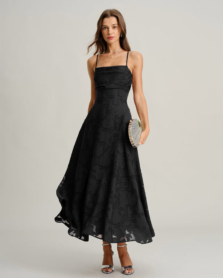 Macarena | Vestido Largo de Jacquard con Espalda Cruzada – Negro