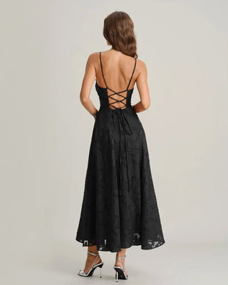 Macarena | Vestido Largo de Jacquard con Espalda Cruzada – Negro