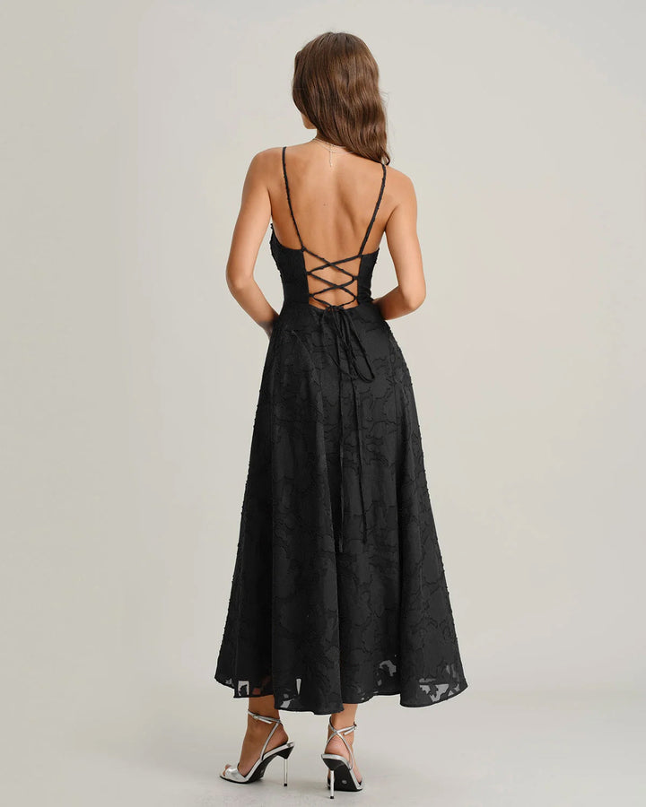 Macarena | Vestido Largo de Jacquard con Espalda Cruzada – Negro