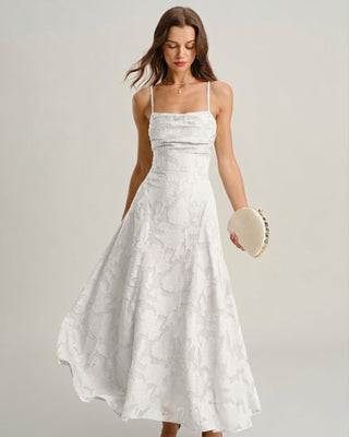 Macarena | Vestido Largo de Jacquard con Espalda Cruzada – Blanco