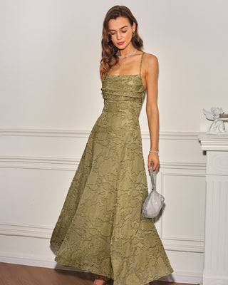 Macarena | Vestido Largo de Jacquard con Espalda Cruzada – Verde Salvia