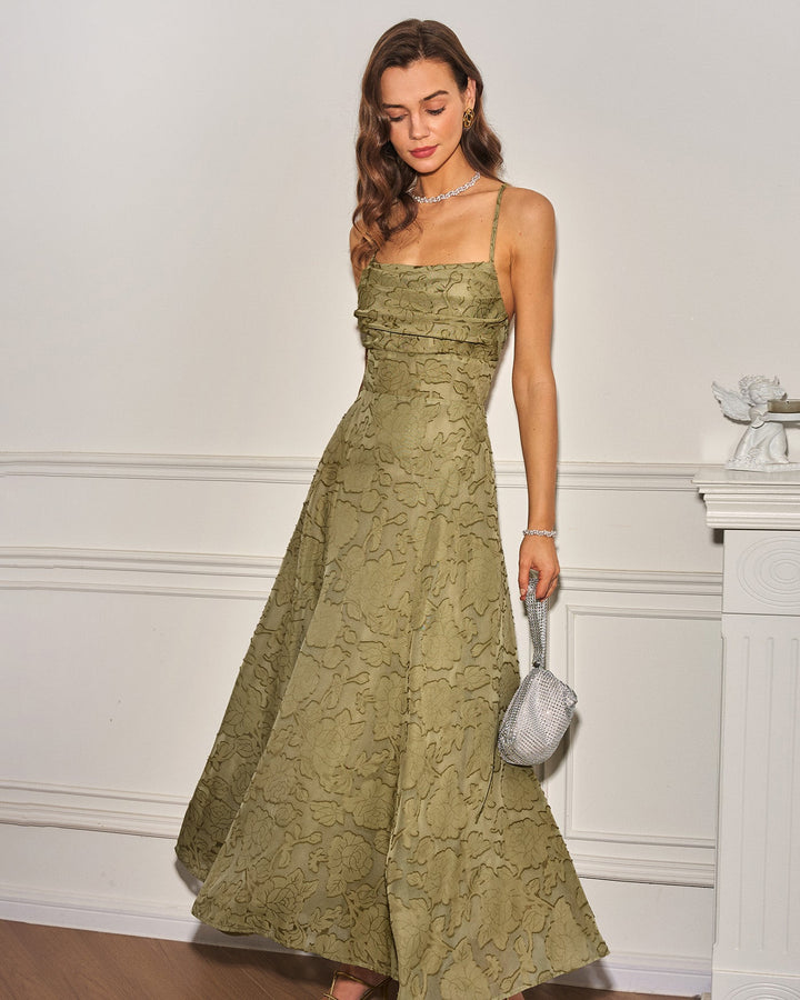 Macarena | Vestido Largo de Jacquard con Espalda Cruzada – Verde Salvia