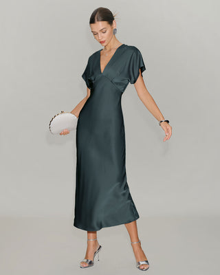 Vera | Vestido Midi de Satén con Mangas Drapeadas