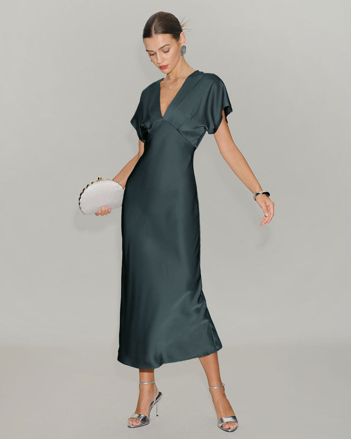 Vera | Vestido Midi de Satén con Mangas Drapeadas