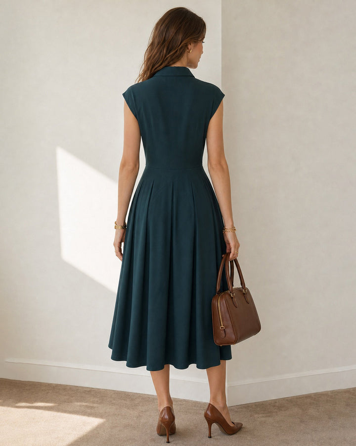 Noelia | Vestido Midi Plisado con Cuello y Botones