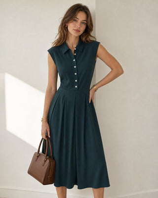 Noelia | Vestido Midi Plisado con Cuello y Botones