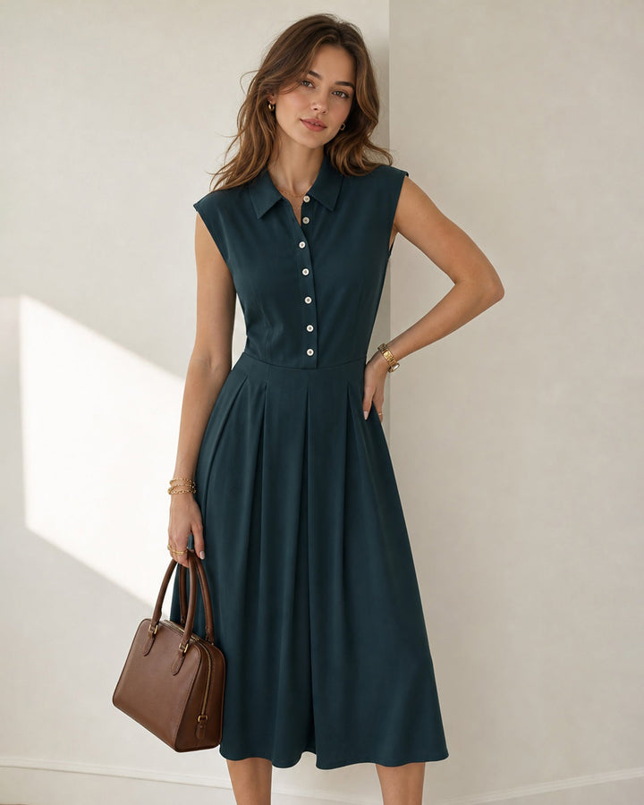 Noelia | Vestido Midi Plisado con Cuello y Botones