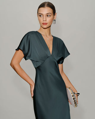 Vera | Vestido Midi de Satén con Mangas Drapeadas